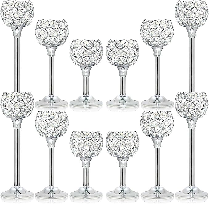 Bulk Crystal Candle Holder Set, 3 Sizes Tealight Candlestick Holders, Elegant Candelabra for Wedding Table Centerpiece, Fireplace, Home & Living Room Decor – Kehail (Set of 12, Silver)
