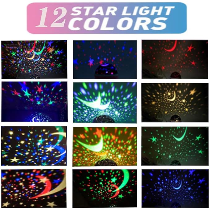 Borelor Star Night Light for Kids, 12 Color Changing Lights Modes with USB Cable, 360°Rotating Moon Star Projector Desk Lamp for Bedroom Party Decor & Girls Birthday Gift (Black)