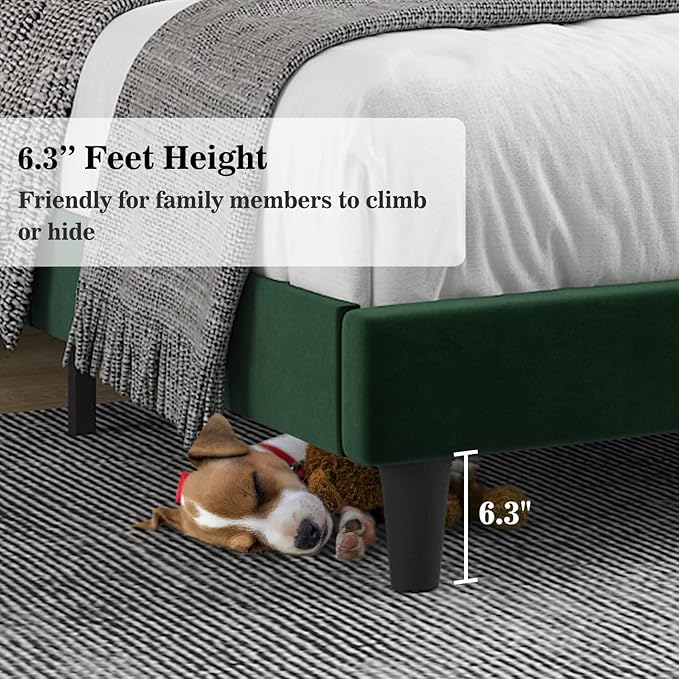 Allewie Full Bed Frame/Velvet Upholstered Bed Frame with Vertical Channel Tufted Headboard/Strong Wooden Slats/Platform Bed Frame/Mattress Foundation/Box Spring Optional/Easy Assembly/Green