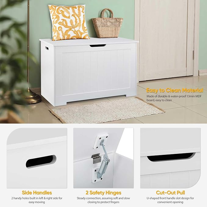 Toy Box Storage Chest for Girls Boys, Wooden Trunk Bench w/Flip-top Lid & Safety Hinge, Kids Play Room Nursery Organizer, Bedroom Storage w/ 100L Storage Area (White)