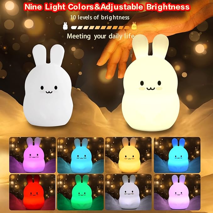 WHA&DARREN Large Rabbit Night Light for Kids,Cute Baby Night Light, Silicone Bedside Lamp,Sleep LED Lights, Eye Caring, Adjustable Brightness & Color, Time Setting, Touch Control & Remote Control