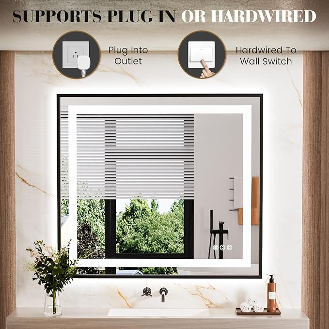 LED Bathroom Mirror,40"x32" Mirror with Black Frame, Front Light and Backlit, Stepless Dimmable, Anti-Fog, Shatter-Proof, Memory, 3 Colors, LED Vanity Mirror