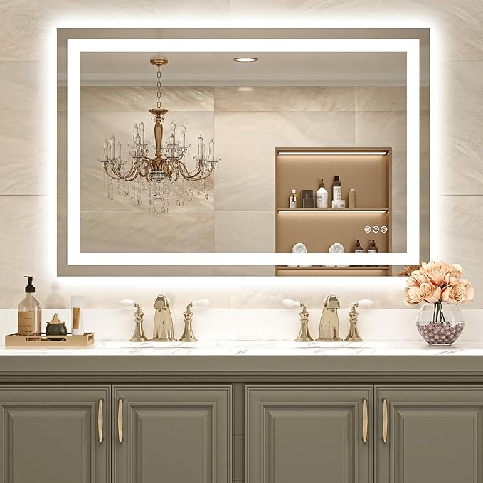 USHOWER LED Bathroom Mirror 48x32 Inch with Lights - Frameless Tempered Glass LED Backlit Lighted Mirror for Bathroom Vanity with Anti-Fog, 3 Colors Dimmable, Memory Function, Wall-Mounted