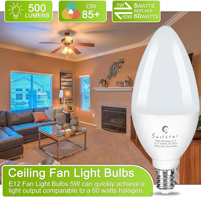Sailstar Light Bulbs 60 Watt Equivalent, E12 Candelabra LED Light Bulbs,3000K White, 500LM Ceiling Fan Light Bulbs, B11 Type B Bulb, Small Base Chandelier Light Bulbs 5W, CRI 85, Non-dimmable,10 Pack