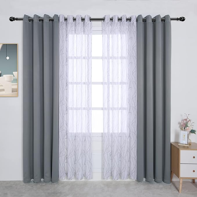 BONZER Mix and Match Curtains - 2 Pieces Branch Print Sheer Curtains and 2 Pieces Blackout Curtains for Bedroom Living Room Grommet Window Drapes, 54x108 Inch/Panel, Light Grey, Set of 4 Panels
