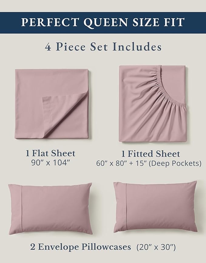 LANE LINEN Queen Size Sheets Set, 100% Organic Cotton Sheet Set, 4 Pc Queen Sheets, Percale Weave, Breathable Hotel Quality Queen Size Deep Pocket Cooling Sheet, Oeko-Tex Sheets - Lilac