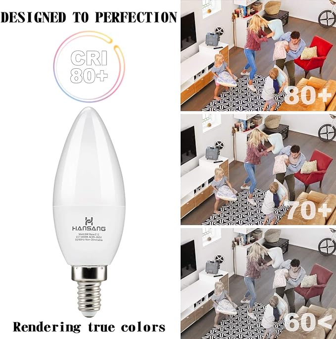 hansang E12 Candelabra LED Bulbs 4000K Daylight Ceiling Fan Light Bulb 6W, 60W Equivalent, Type B Light Bulb for Chandelier, C37 600LM,No-Dimmable 6 Pack