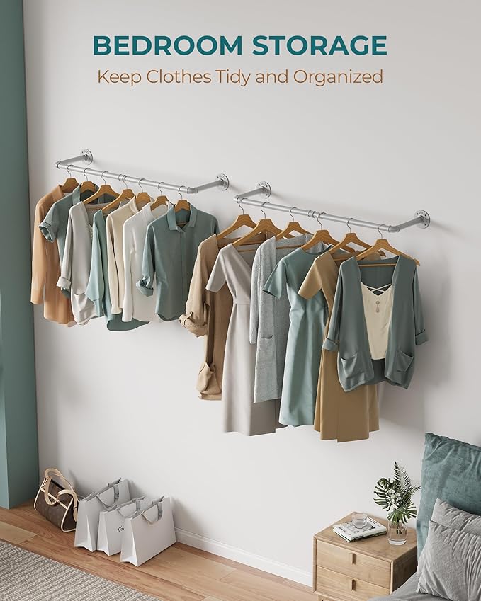 OROPY Industrial Pipe Clothes Rack Wall Mounted Set of 2, 38.4 inches Heavy Duty Iron Pipe Clothing Garment Rail, Multi-Purpose Clothing Hanging Rod for Laundry Room and Closet Storage, Silver Gray