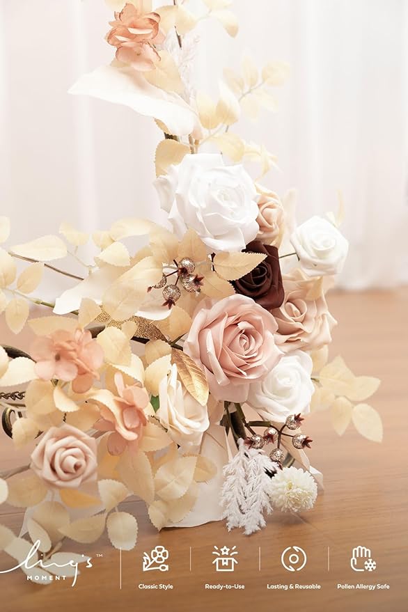 Ling's moment 2pcs Wedding Flowers Garland Artificial Floral Swag Arch Decorations Greenery Arrangements White & Beige Ceremony Reception Garden Easel Wall Entryway Outdoor Board(NOT Include Sign)