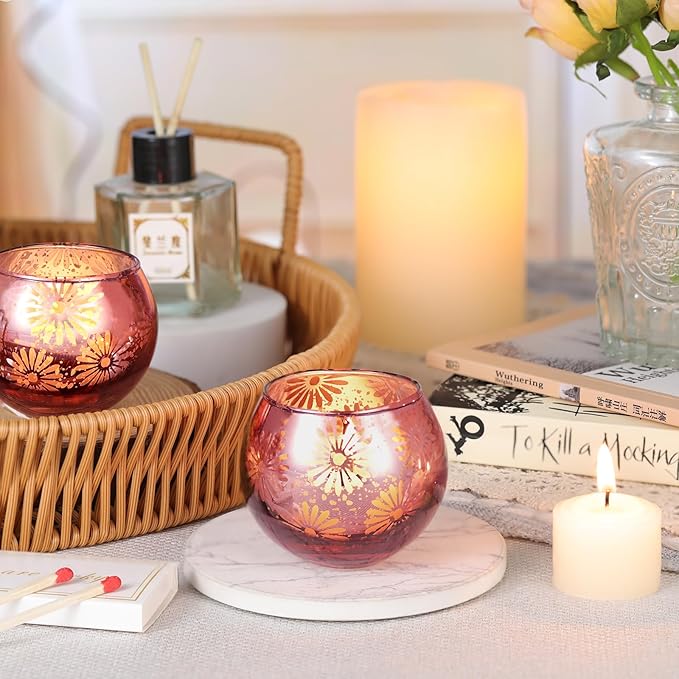 Pink Mercury Glass Votive Candle Holders Set of 12, Round Tealight Candle Holders for Table Centerpieces, Weddings, Shower Gifts, Christmas, Halloween Party Decorations