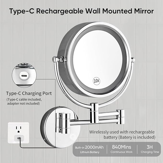 GURUN 8.5 Inch Magnifying Makeup Mirror with 3 Tones Dimmable LED Lights Double Sided Touch Control Rechargeable Vanity Mirror for Bathroom with 10X Magnification M1809DC-T (Chrome/10X)