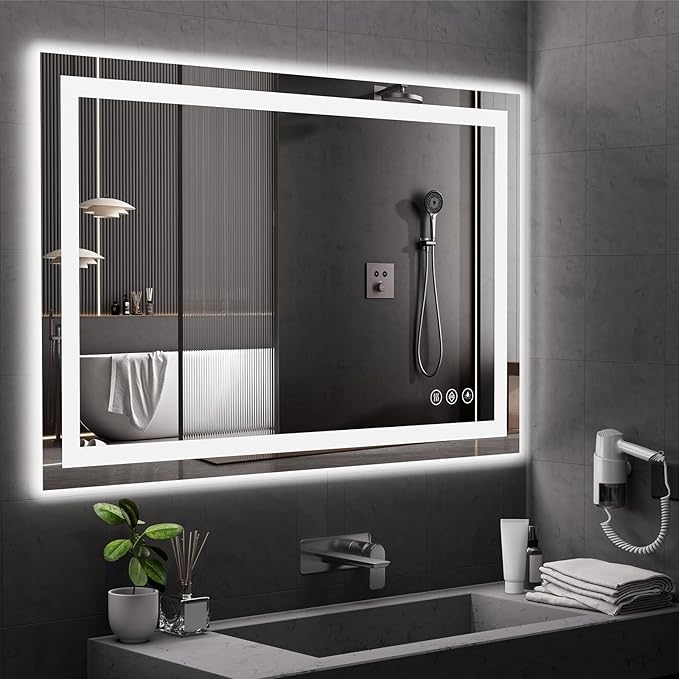 Koonmi 30x55 LED Bathroom Mirror, Backlit + Front Lit, LED Bathroom Mirror with Lights for Wall, 3 Colors, Anti-Fog, Dimmable Brightness, Tempered Glass