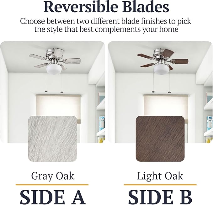 Prominence Home Hero, 28 Inch Traditional Flush Mount Indoor LED Ceiling Fan with Light, Pull Chain, Dual Finish Blades, Reversible Motor - 51656-01 (Brushed Nickel)