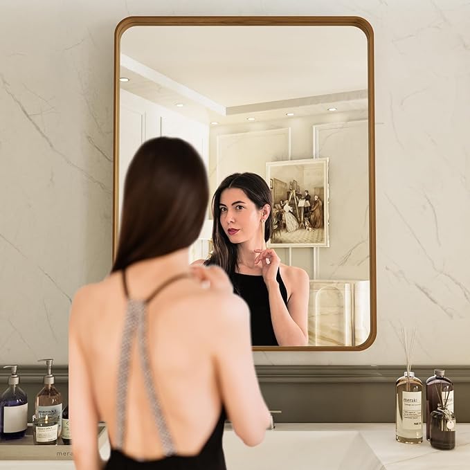 LOAAO 24X36 Inch Bathroom Mirror with Wood Grain Colored Metal Frame, Rounded Rectangle Metal Framed Bathroom Mirror, Anti-Rust, Hangs Horizontally or Vertically