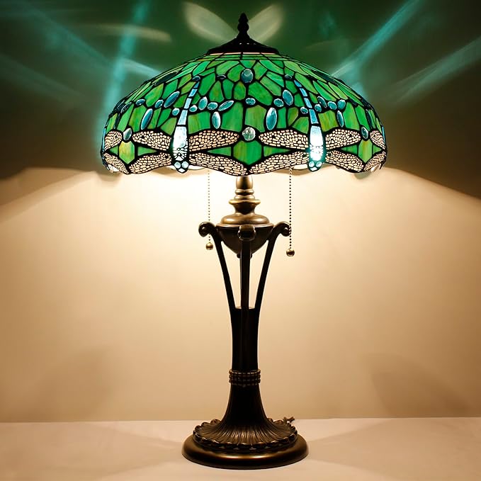 Tiffany Table Lamp Green Stained Glass Desk Lamp 16X16X24Inches Dragonfly Style Reading Light