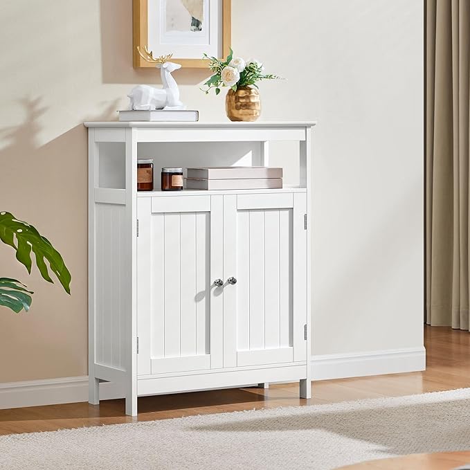 Yaheetech Bathroom Floor Storage Cabinet, Wooden Free Standing Storage Organizer with 2 Doors & Adjustable Shelves, for Living Room Hallway, White