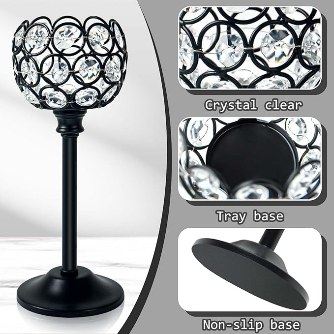 6pcs Crystal Candle Holder Set, 3 Sizes Tealight Candlestick Holders, Elegant Black Candelabra Bulk for Wedding Table Centerpiece, Fireplace, Home & Living Room Decor