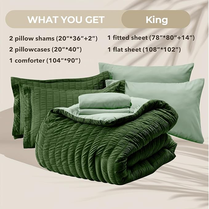 HYMOKEGE Dark Green/Sage Green King Size Comforter Set Seersucker 7 Pieces, All Season Luxury Bed in a Bag for Bedroom, Bedding Set with Comforter, Sheets, Pillowcases & Shams