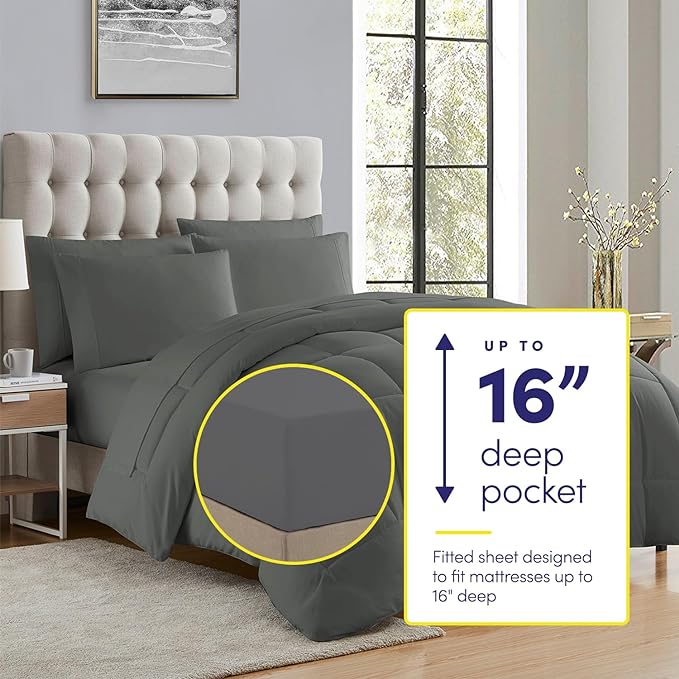 Sweet Home Collection 5 Piece Comforter Set Bag Solid Color All Season Soft Down Alternative Blanket & Luxurious Microfiber Bed Sheets, Gray, Twin
