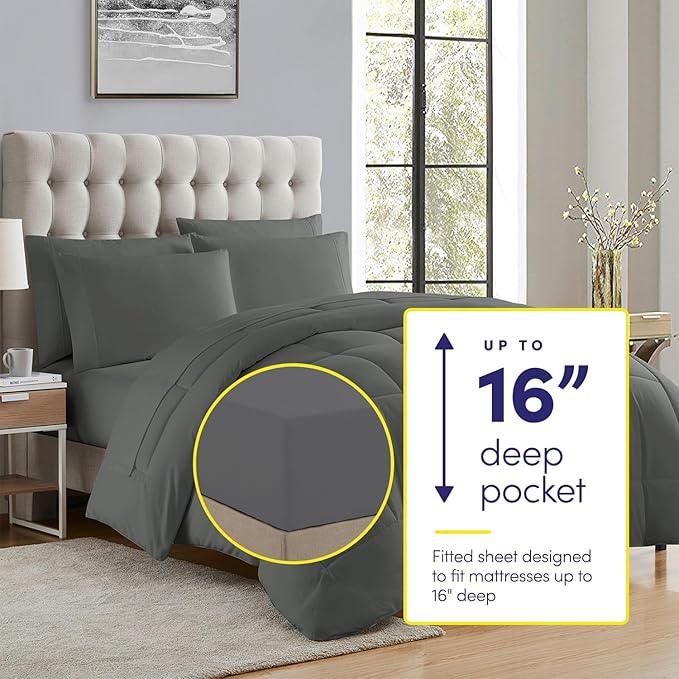 King Size Comforter Set with Sheets - 7-Piece Bedding Collection - 1 Comforter, 1 Fitted Sheet, 1 Flat, 4 Pillowcases - Deep Pocket - Soft & Breathable Premium Quality - Ideal for All Seasons, Gray