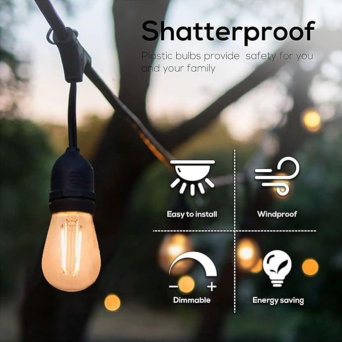 Banord 50 Pack Dimmable 2W S14 Replacement LED Bulbs, 2700K Warm White Waterproof Outdoor String Lights, Vintage Filament, Shatterproof E26 Screw Base Edison Light Bulbs
