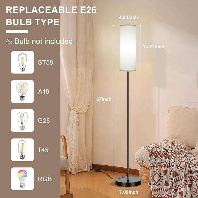 FRIDEKO HOME Floor Lamp with White Shade, Simple Design with Foot Pedal Switch, Small Tall Lamps for Living Room Bedroom Office, Corner Floor Stand Light with Black Pole Lamp (No Bulb/No Remote)