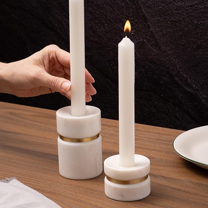Cork & Mill Taper Candle Holders for Candlesticks, Set of 2 Handcrafted White Marble and Gold Brass Candle Stick Holders, Modern Centerpiece for Dining Table Decor or Mantle