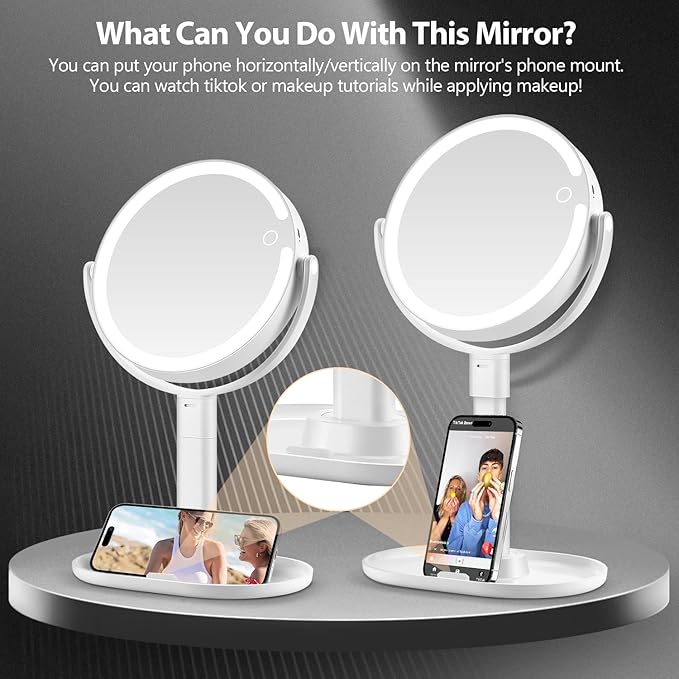 MIYADIVA Makeup Mirror with Lights, 30X Magnifying Mirror with Light and Touch Switch, Vanity Mirror with 3 Color Light and 80 LEDs, Height Adjustable Desk Mirror with Lights, White