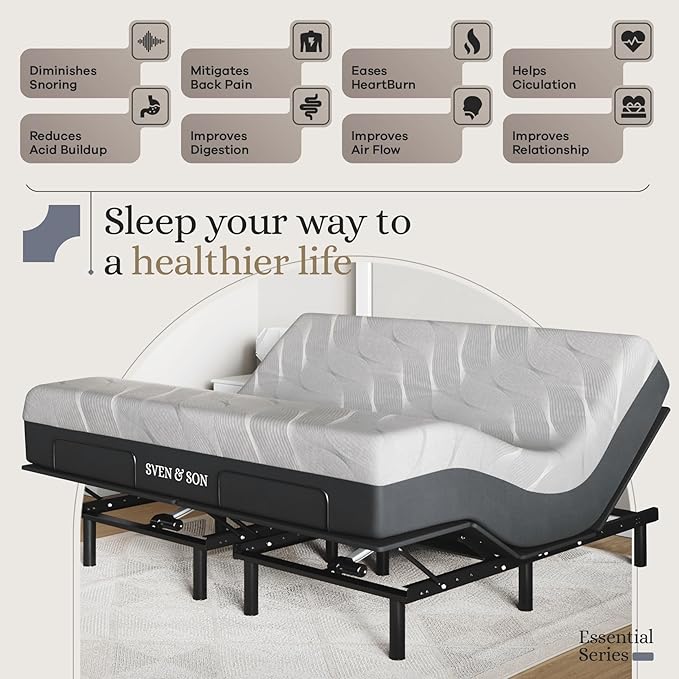 Sven and Son Essential Adjustable Bed Base (Frame) + 12 inch Memory Foam Matt (Medium), Easy Assembly, Head and Foot Lift, Memory Positions, Zero Gravity, Wireless Remote - King