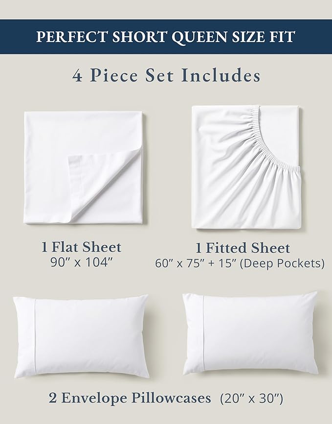 LANE LINEN RV Queen Sheets Set - 100% Organic Cotton Camper Sheet Sets 15" Deep Pocket Fitted (Short White)