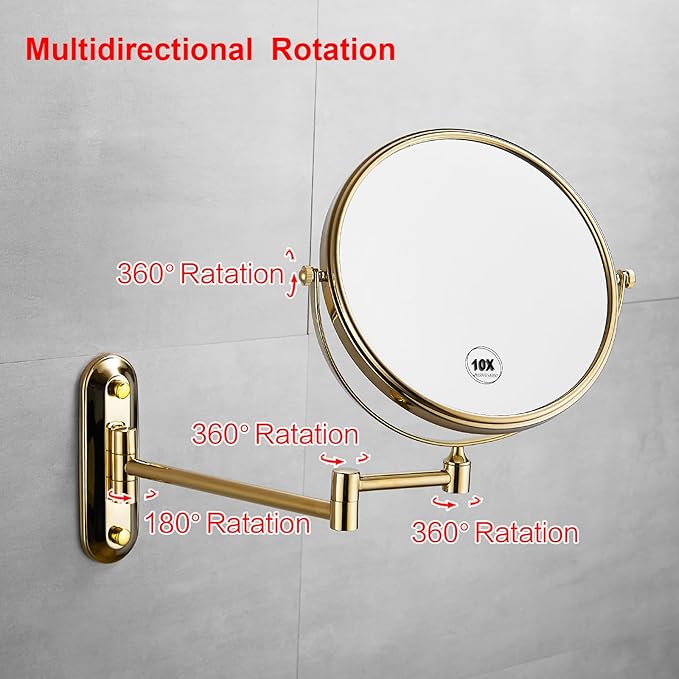 Gold 1x10x Magnifying Double Sided Bathroom Mirror 360 Degree Swivel Makeup Mirror Adjustable Extension Arm Wall Mount 8 Inch Non-Illuminated Beauty Mirror Shaving Mirror (Oval Base)