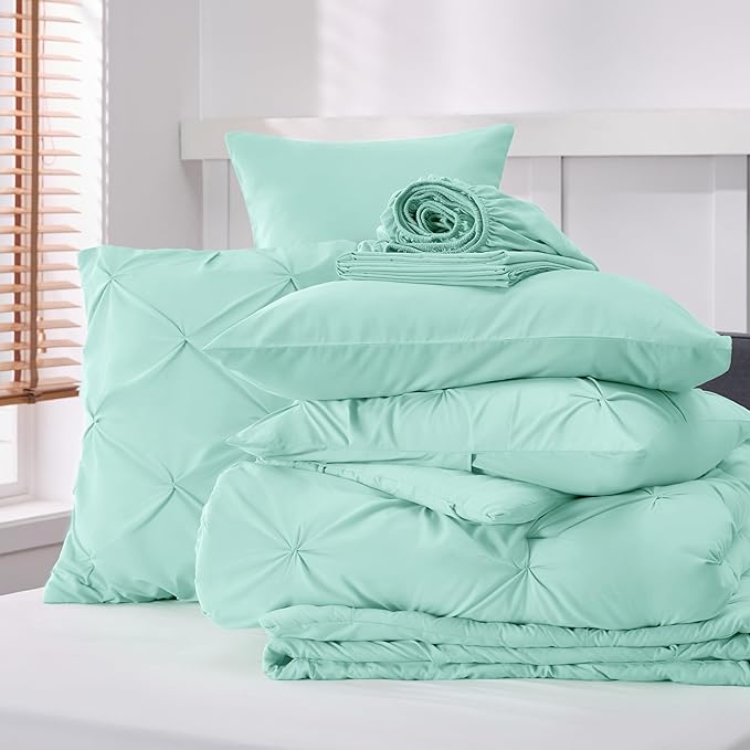 Bedsure Twin Comforter Set Mint Green - Bed in a Bag Twin Size Bedding 5 Pieces, GentleSoft™ Pintuck Bed Set Gift for Family, Pinch Pleat Mint Green Comforter with Sheets, Pillowcase & Sham