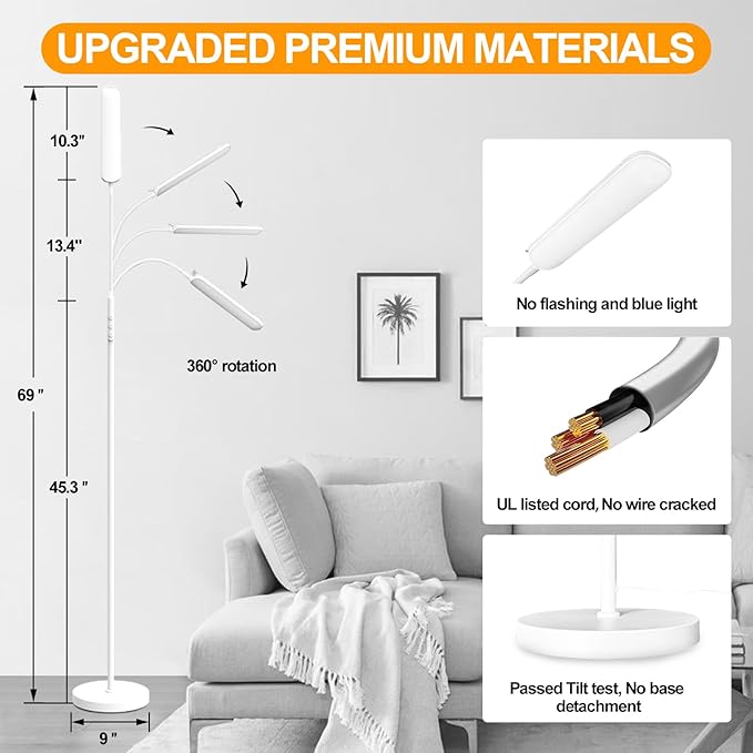 White Floor Lamp, 18W 1800LM Bright LED Floor Lamps for Living Room Bedroom, Dimmable Timing Eye Caring Reading Standing Lamp with Remote & Works with Smart Plug