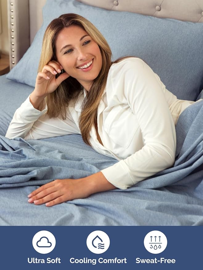 Extra Deep Queen Sheet Set - 6 Piece Breathable and Cooling Sheets - Hotel Luxury Bed Sheets Set - Easy Fit - Soft, Wrinkle Free and Comfy Sheets Set - Heathered Blue Sheet Set with Extra Deep Pockets