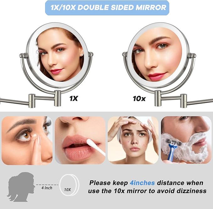 Wall Mounted Lighted Makeup Vanity Mirror with Magnification, 8 Inch Double Sides 10X Magnifying Bathroom Mirror 3 Color Lighting Touch Dimming, Extended Arm Shaving Mirror Hard Wired, Brushed Nickel