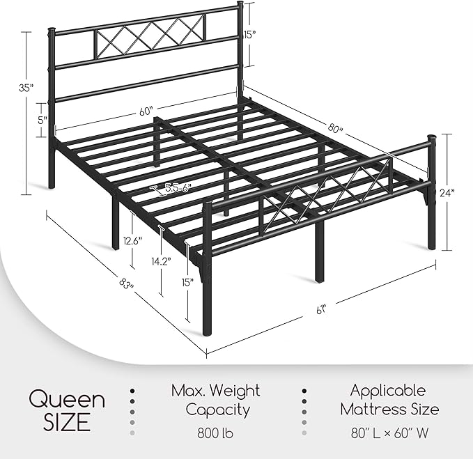 Yaheetech Queen Size Metal Platform Bed Frame with Simple Headboard and Footboard, Mattress Foundation for Under Bed Storage, Steel Slat Support, No Box Spring Needed, Easy Assembly, Black