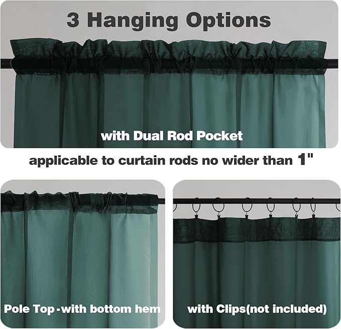 Chyhomenyc Hunter Green Sheer Curtains 45 Inch Long 2 Panels, Short Voile Drapes for Dinning Small Windows Bathroom Living Room Bedroom, Rod Pocket, 42Wx45L Inches