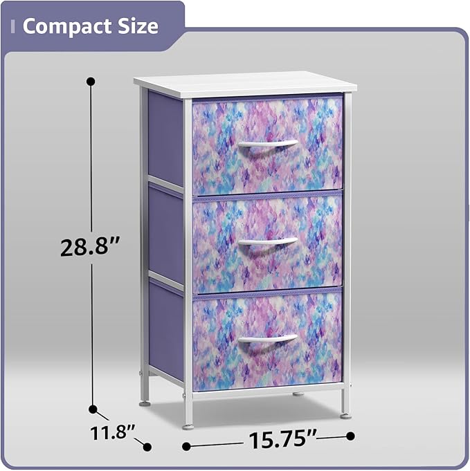 Sorbus Nightstand Storage Organizer Chest with 3 Drawers - Kids Girls, Boys Bedroom Furniture Chest for Clothes, Closet Organization - Steel Frame, Wood Top, Fabric Bin (3-Drawer, Blue/Pink/Purple)