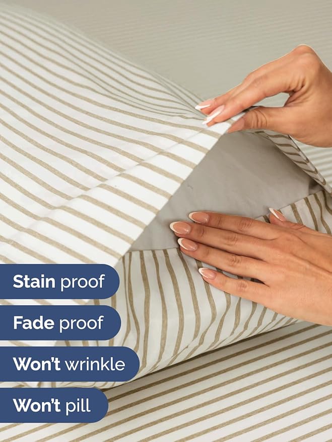 Extra Deep Twin XL Sheet Set - 4 Piece Breathable & Cooling Sheets - Hotel Luxury Bed Sheets Set - Easy Fit - Soft, Wrinkle Free & Comfy Sheets Set - Beige Striped Sheet Set with Extra Deep Pockets