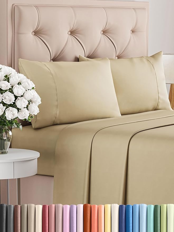 Twin 4 Piece Sheet Set - Comfy Breathable & Cooling - Ultra Soft Hotel Luxury Bedding Set with 8-16 Inch Deep Pockets - 1 Flat & 1 Fitted Sheet & 2 Pillowcases - Cozy, Wrinkle Free & Easy Care - Beige