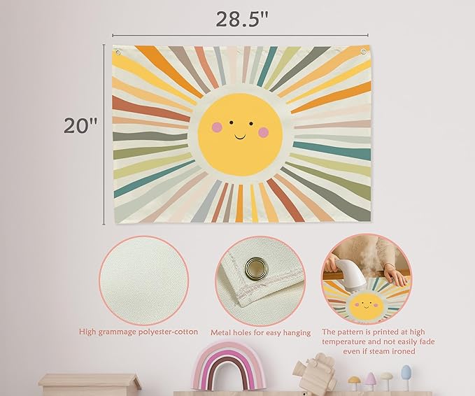 Boho Rectangular Banner Flag Wall Sign Decor Gift for Baby Boy Girl Kids,Nursery Baby Room Above Crib Bedroom Playroom Living Room Wall Decor-Sun Theme-Baby,Shower Birthday Christmas Gift