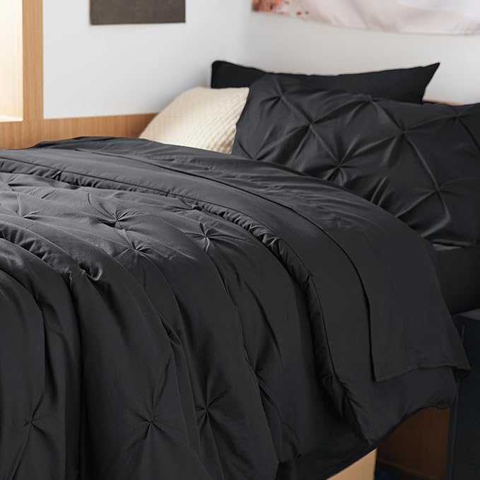 Bedsure Twin XL Comforter Set - Extra Long 5 Pieces Dorm Bedding Sets, GentleSoft™ Pinch Pleat Black Bed in a Bag with Pintuck Comforters, Sheets, Pillowcase & Sham