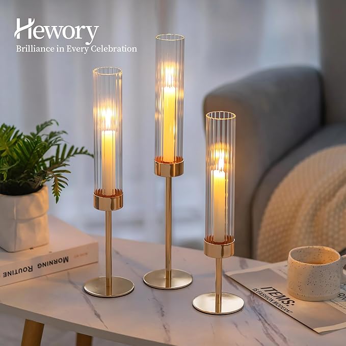 Hewory Gold Taper Candle Holders: Candlestick Holders Set of 6 Hurricane Glass Tall Candle Holder for Candlesticks Candle Sticks Holder Decor for Table Centerpiece Wedding Party Christmas Decorations
