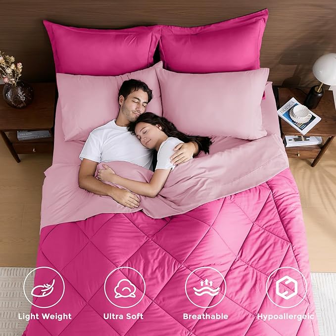 HEVUMYI Hot Pink & Baby Pink Twin-XL Comforter Set - 5-Piece All Season Bed in a Bag Twin-XL, Ultra Soft Bedding Set with Comforter, Flat Sheet, Fitted Sheet, Pillowcases, Pillow Shams
