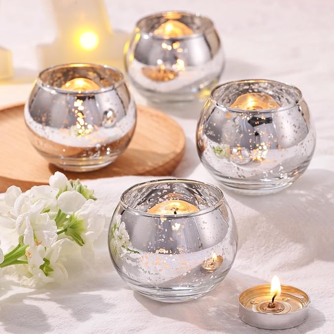 Volens 24PCS Silver Votive Candle Holders for Table Centerpieces, Round Mercury Glass Candle Holders Bulk for Wedding Reception, Birthday, Parties, and Home Decorations