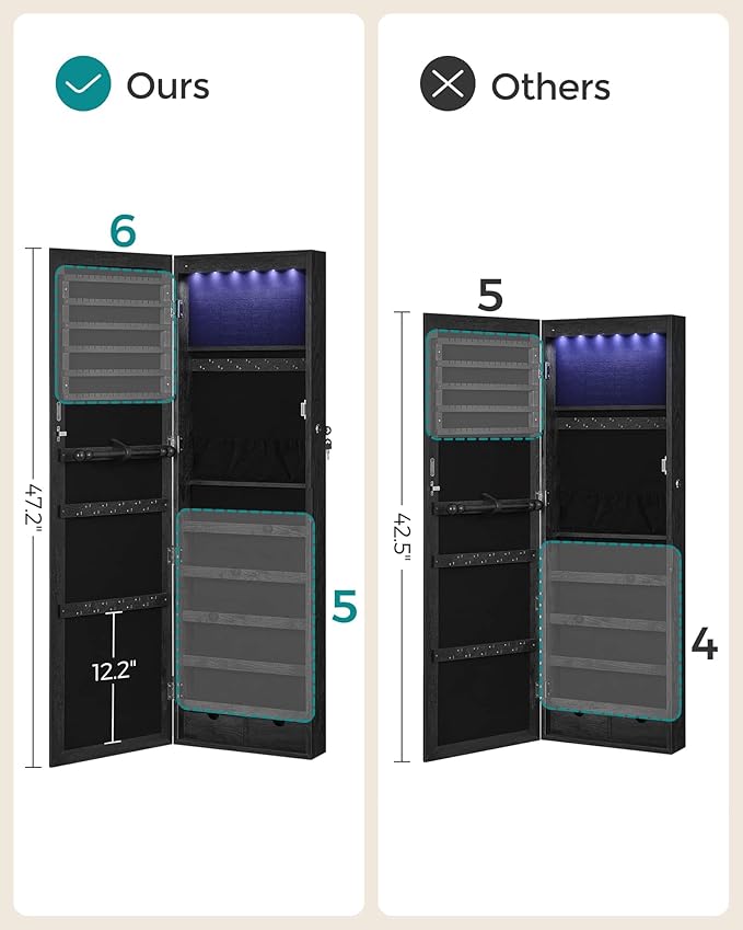 SONGMICS 6 LEDs Mirror Jewelry Cabinet, 47.2-Inch Tall Lockable Wall or Door Mounted Jewelry Armoire Organizer with Mirror, 2 Drawers, Christmas Gift, 3.9 x 14.6 x 47.2 Inches, Black