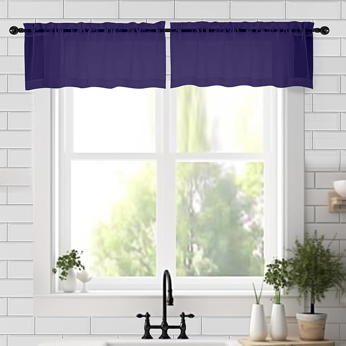 Chyhomenyc Sheer Valances for Windows 2 Pack, Small Window Curtains for Living Room Bathroom Cafe Laundry Basement, Modern Top Dual Rod Pocket Voile Curtain, 42W x 18L inches, Purple
