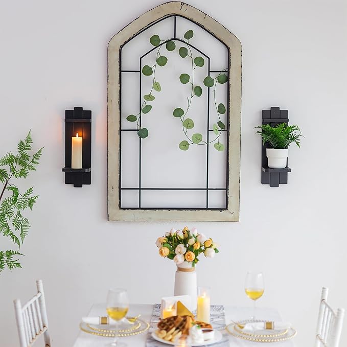 Candle Sconces Black Wall Decor Set of 2 - Wood Wall Candle Holders Set of Two for Small Vase Pillar Candles Tealight - Gothic Distressed Decor for Halloween