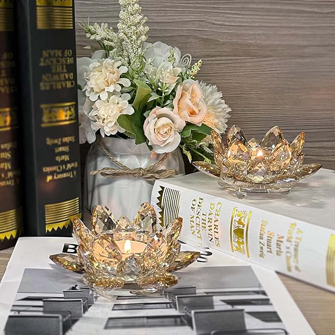 Crystal Lotus Flower Tealight Candle Holders/Glass Tea Light Candlestick Decor Decoration for Christmas Home Wedding Party… (Gold 1pc)