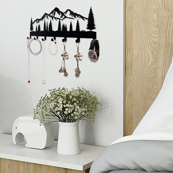 Key Holder for Wall, Metal Wall Hooks Organizer Rack with 7 Hooks for Keys, Coats, Bags – Decorative Home Decor for Entryway, Hallway, Kitchen, Living Room (12 Inches, Mountain)